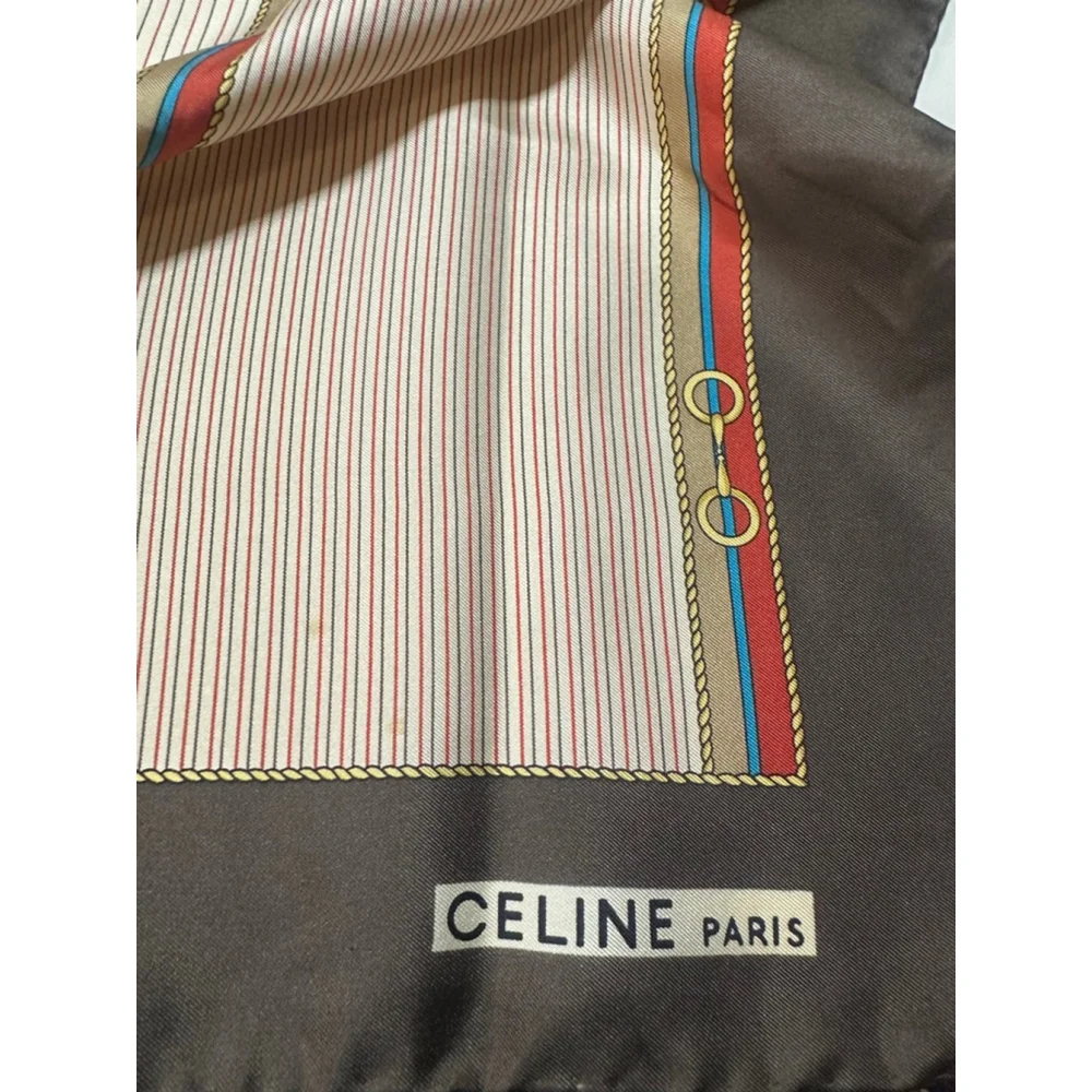 Women's Celine Brown Beige Striped Horsebit Silk Scarf One Size